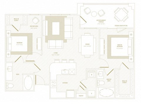 Floor plan for 2 beds, 2 baths, 1051 sqft